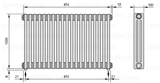 Схема (чертеж) Радиатор Zehnder Charleston 3100/19 №5310 Белый глянцевый RAL 9016